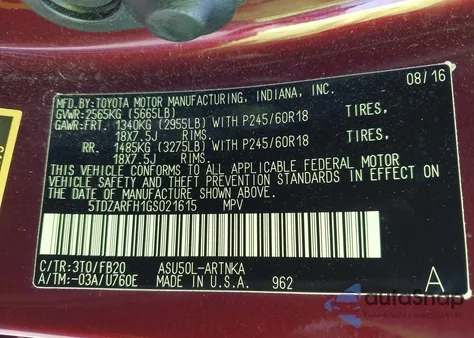 2016 Toyota Highlander Le из США, поврежденный, VIN 5TDZARFH1GS021615